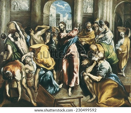 Greco, Domenikos Theotokopoulos, called El (1541-1614), Christ driving the Traders from the Temple, ca. 1600, Another similar painting from the same author is kept in the Church of San Gines