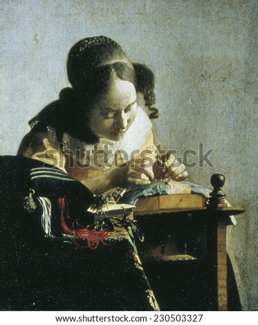 VERMEER, Johannes (1632-1675), The Lacemaker, mid, 17th c. Baroque art, Oil on canvas,