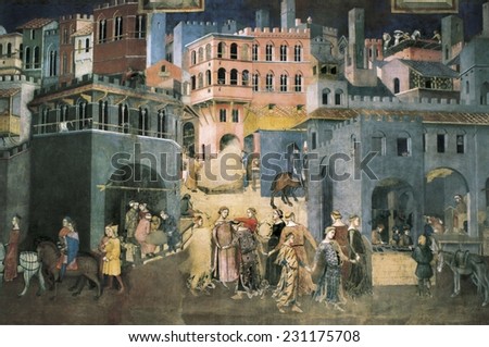 LORENZETTI, Ambrogio (1285-1348), Allegory of the Good Government: Effects of Good Government on the City Life, 1338-1340, Siena, Public Palace, Central detail, Renaissance art