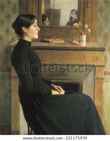 RUSI\xA0OL i PRATS, Sainttiago (1861-1931), Portrait of a Woman, 1894, The painter\'s figure is reflected on the mirror, Modernism, Oil on canvas,