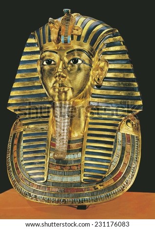 The gold mask, ca. 1340 BC, Gold Mask made in wood, gold, colored vitreous paste and hard stones inlays, Situated at the third in mummiform coffin of the Treasure of Tutankhamun
