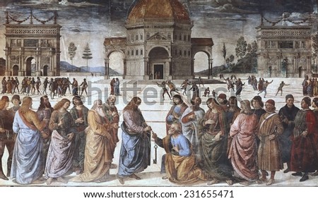 PERUGINO, Pietro Vannucci, called Il (1448-1523), Christ Handing the Keys to St, Peter 1481-1482, VATICAN CITY, Vatican Palaces, Walls from the Sistine Chapel, Renaissance art