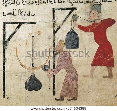 Men weighing goods, Fatimid period (10th-12th c.), Islamic art, Miniature Painting,