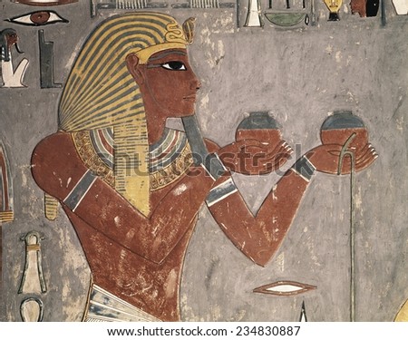 Dayr al-Bahri, Valley of the Kings, Tomb of Horemheb, Horemheb offers two vessels of wine to the goddess Hathor,