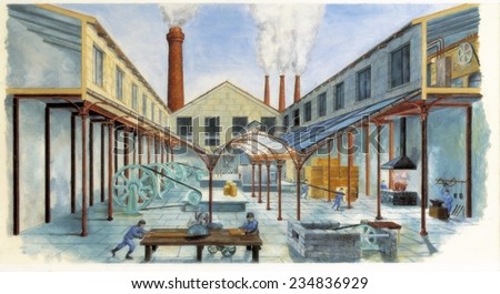 Industrial Revolution (19th c.) Factiry powered by steam energy, Engraving