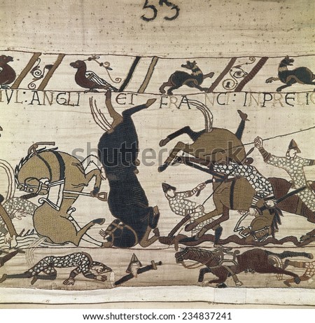 Bayeux Tapestry, 1066-1077, Scene of the battle of Hastings, Detail, Romanesque art, decorative Arts; Tapestry,