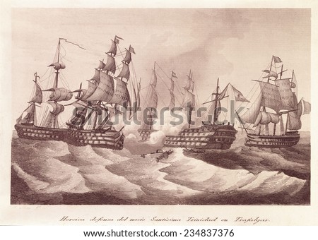 Battle of Trafalgar (October 21st1805), Heroic defense of the vessel the Sant\xEAsima Trinidad in Trafalgar, Engraving,