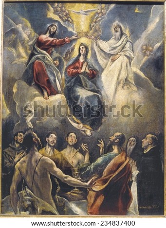 Greco, Domenikos Theotok\xE3poulos, called El (1541-1614), Coronation of the Virgin, 1591 - 1592, Mannerism art, Oil on canvas, Guadalupe, Royal Monastery of Our Lady of Guadalupe