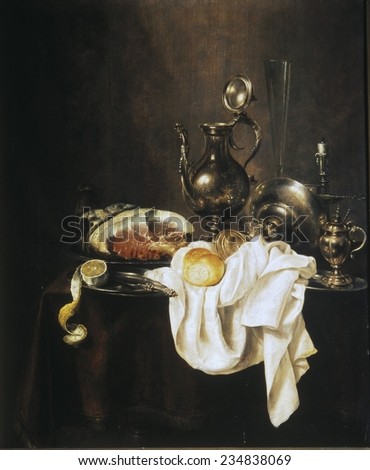 HEDAWillem Claesz (1594-1680), Still Life of Ham and Silver Plate, 1649, Baroque art, Oil on canvas