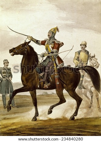 Turkish soldier on horseback. Litography