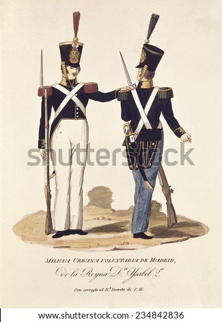Spain (19th c.) Volunteer urban militia of Madrid under the kingdom of Isabel II. Etching