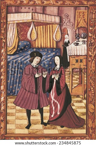 Love story without words (Histoire d\'amour sans paroles), Story of Jean III de Brosse and wife Louise de Laval (16th c.), Fol, 14r, Man and woman at the room ready to go to bed, Miniature Painting