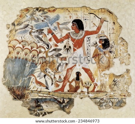 Fowling in the marshes, ca. 1400 BC, 18th Dynasty, Wall painting from tomb of Nebamun where he appears with his wife Hatshepsut and son, New Kingdom, Painting
