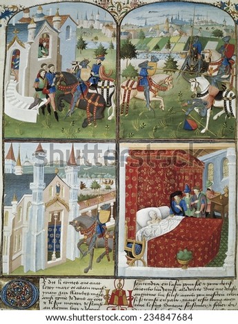 Le Roman de Tristan, 15th c. Four episodes of the Knight Tristan, French manuscript (15th c.), Gothic art, Miniature Painting,