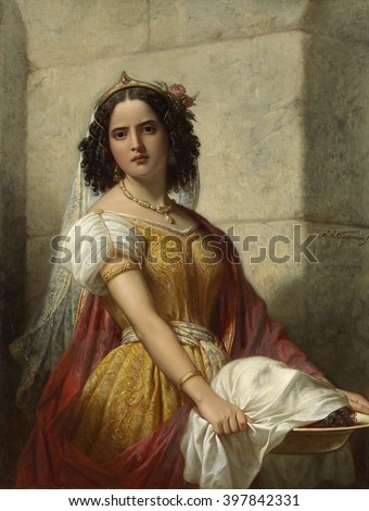 Salone with the Head of John the Baptist, by Jan Adam Kruseman, c. 1861, Dutch oil painting. Salome in rich costume carries the platter with the head of the Baptist