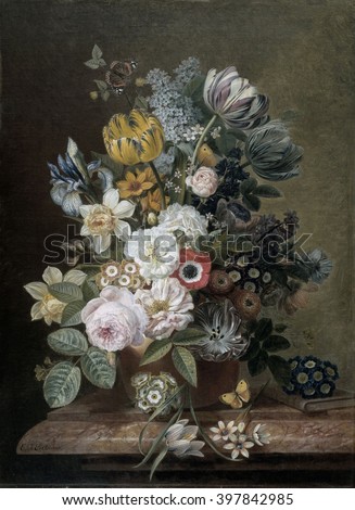 Still Life with Flowers, by Eelke Jelles Eelkema, c. 1815-39, Dutch oil painting, oil on canvas. Bouquet of roses, tulips, daffodils, irises, on a stone plinth. Among the flowers is a butterfly. A sma