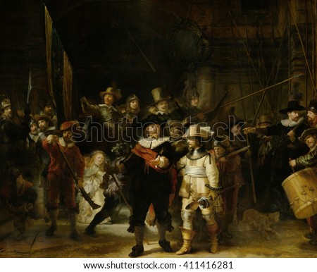 Night Watch, by Rembrandt van Rijn, 1642, Dutch painting, oil on canvas. The painting, originally titled \'Militia Company of District II under the Command of Captain Frans Banninck Cocq and Lieutenan
