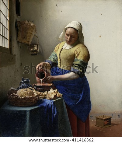 The Milkmaid, by Johannes Vermeer, 1660, Dutch painting, oil on canvas. Illuminated by light from a window, a young woman pours milk into a cooking pot next to a wicker basket of bread. In lower righ