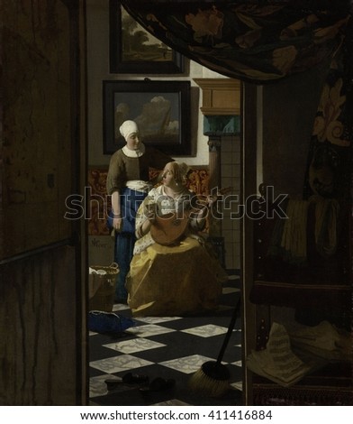 The Love Letter, Johannes Vermeer, 1669-1670, Dutch painting, oil on canvas. From a dim room in the foreground, a women playing a lute is interrupted to receive a letter from her maidservant. Interio