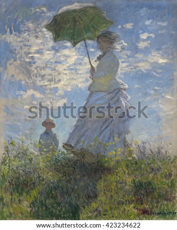 Woman with a Parasol-Madame Monet and Her Son, by Claude Monet, 1875, French impressionist painting, oil on canvas. Contrary to the conventions of traditional portraiture, Monet painted the features