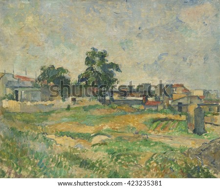 Landscape near Paris, by Paul Cezanne, 1876, French Post-Impressionist painting, oil on canvas. Painted during his impressionist period, Cezanne worked with a light palette and unblended brushstrokes