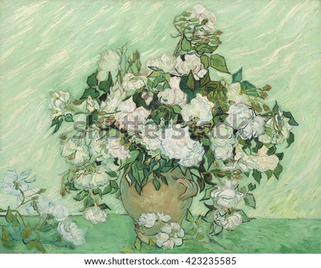 Roses, by Vincent van Gogh, 1890, Dutch Post-Impressionist painting, oil on canvas. It is among his largest and most beautiful still lifes, with an exuberant bouquet. It has a fresh spring green back
