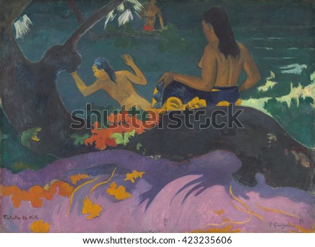Fatata te Miti (By the Sea), by Paul Gauguin, 1892, French Post-Impressionist painting, oil on canvas. Painted during Gauguin\'s first trip to Tahiti, it depicts a woman removing her pareo