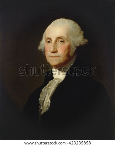 George Washington, by Gilbert Stuart, c. 1803-05, American painting, oil on canvas. In 1796 Washington sat for Stuart who created the famous, but never finished \'Athenaeum\' portrait. From that work,