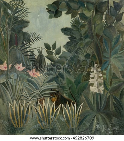 The Equatorial Jungle, by Henri Rousseau, 1909, French painting, oil on canvas. Henri Rousseau was a clerk in the Paris toll service when he retired at age 49 to become a full-time artist. His works,