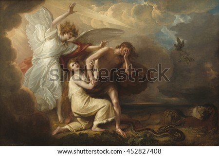 The Expulsion of Adam and Eve from Paradise, 1791, by Benjamin West, by Anglo-American painting, oil on canvas. Archangel Michael expels Adam and Eve, who wear coats of skins\' from Eden. The serpent,