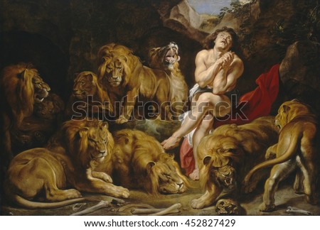 Daniel in the Lions\' Den, by Sir Peter Paul Rubens, 1614-1616, Flemish painting, oil on canvas. God closed the jaws of the lions, as Daniel prayed in the lion\'s den. King Darius the Mede was tricked