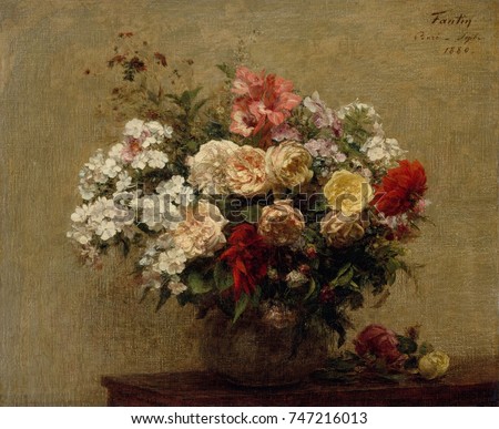 Summer Flowers, by Henri Fantin-Latour, 1880, French impressionist painting, oil on canvas. The dahlias, phlox, and roses in the bouquet were picked near the artistx90s country home in Bure, Normandy