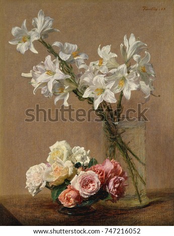 Roses and Lilies, by Henri Fantin-Latour, 1888, French impressionist painting, oil on canvas. Examination of this paintings detail, reveals Fantin-Latours use of the wood brush handle to delineate the