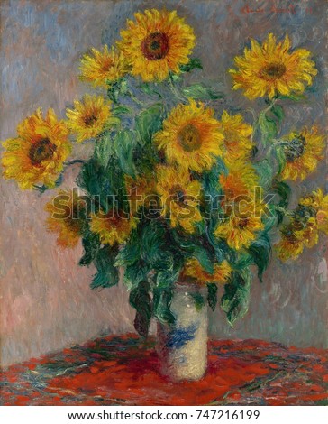 Bouquet of Sunflowers, by Claude Monet, 1881, French impressionist painting, oil on canvas. Sunflowers in a Japanese vase on a red tablecloth