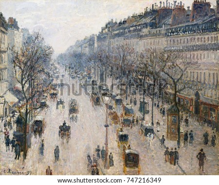 Boulevard Montmartre on Winter Morning, by Camille Pissarro, 1897, French impressionist oil painting. This view of Paris was painted from his rooms at the Grand Hotel de Russie