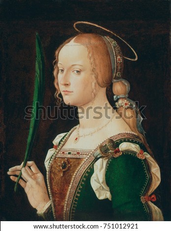 ST. JUSTINA OF PADUA, by Bartolomeo Montagna, 1490-1524, Italian Renaissance painting, oil on wood. Justina of Padua was baptized by St. Prosdocimus, the first bishop of Padua, and then martyred for h