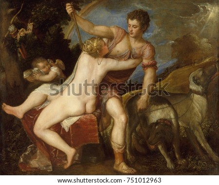 VENUS AND ADONIS, by Titian, 1545-75, Italian Renaissance painting, oil on canvas. Scene from Ovidx90s METAMORPHOSES, in which Venus begs the hunter Adonis not to leave, warning him of danger.
