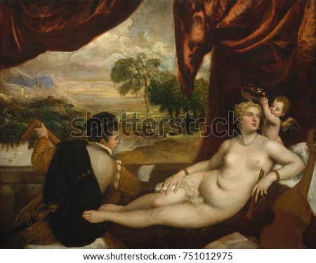 VENUS AND THE LUTE PLAYER, by Titian, 1565_70, Italian Renaissance painting, oil on canvas. A nude reclining Venus stops listening to music to be crowned by Cupid. The meaning of this work may relate