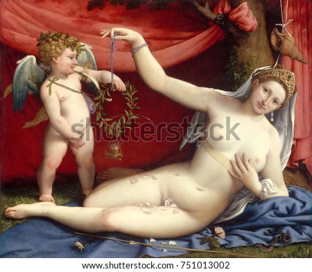 VENUS AND CUPID, by Lorenzo Lotto, 1520s, Italian Renaissance painting, oil on canvas. This work was painted to celebrate a wedding, with Venus\' features possibly those of the bride. Venus has rose