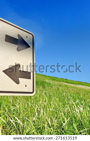 Two road signs pointing in opposite directions with green grass and blue sky in the background.
