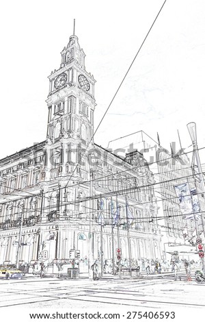 Sketch illustration of Clock Tower and clocks of the Melbourne General Post Office