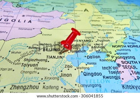 Pushpin marking on beijing (China) map