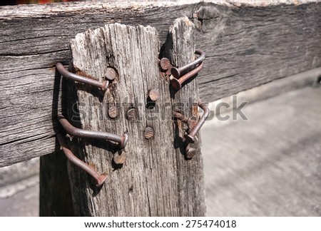 Nails in wood. background is a cement floor / Nails in wood/ Nails in wood. Outdoor view (nail, metal, construction)