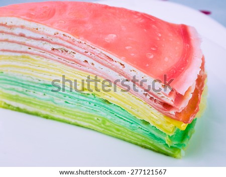 Rainbow vanilla crepe cake. Close up /Rainbow vanilla crepe cake / Rainbow crepe cake. used for background (cake, dessert, vanilla)