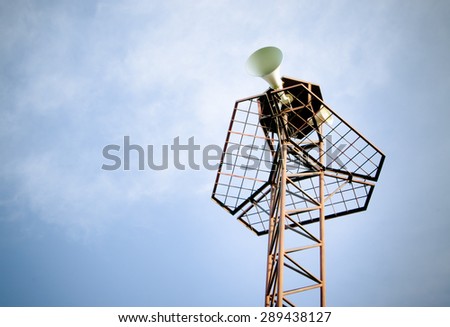Retro speaker on blue sky /Retro speaker on high tower/ Retro speaker on blue sky (speaker, announcement, sound)