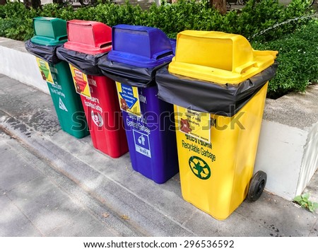 BANGKOK, THAILAND-JUNE 3 : Colorful Recycle Bins For Collection Of Recycle Materials in the Park  June 3, 2015 in Bangkok , Thailand.