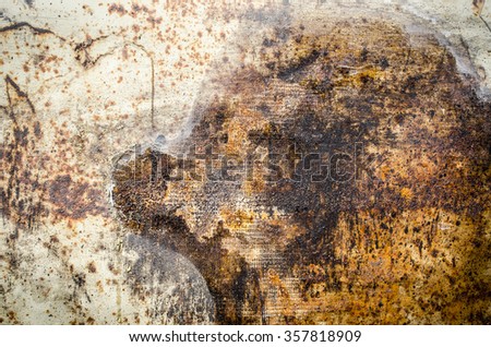 Rusty metal look like dog head on old white wall background with texture