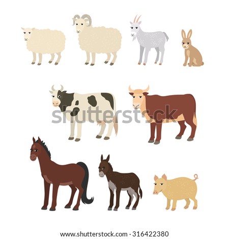 Vector cartoon animals: sheep goat donkey horse cow bull pig rabbit. The drawn set of domestic animals living on the farm. Collection of stylized pets in a flat style.