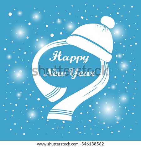 Happy New Year hand lettering. Handmade calligraphy holiday greeting card design. White hat and scarf. Abstract background Falling snow. Winter New year season label. Vector illustration. eps 10