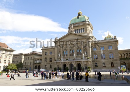 BERN, SWITZERLAND - AUGUST 9: Federal Palace of Switzerland, located at the south of the old city in Bern, Switzerland on August 9, 2011. This building houses the Federal Parliament and the Federal Government.